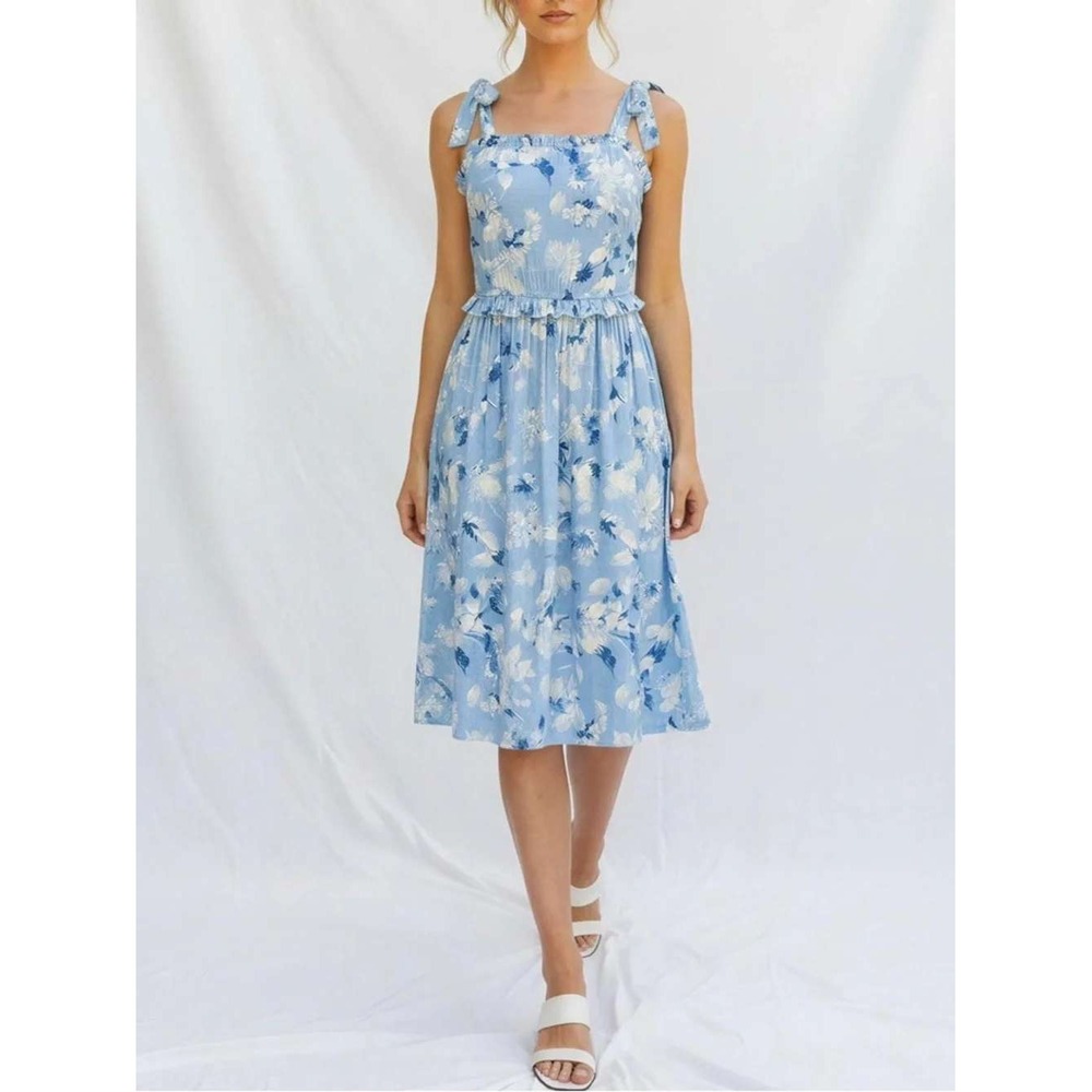 Misa‎ Los Angeles Linen Blend Primrose Midi Dress Blue Washed Wildflower Size M